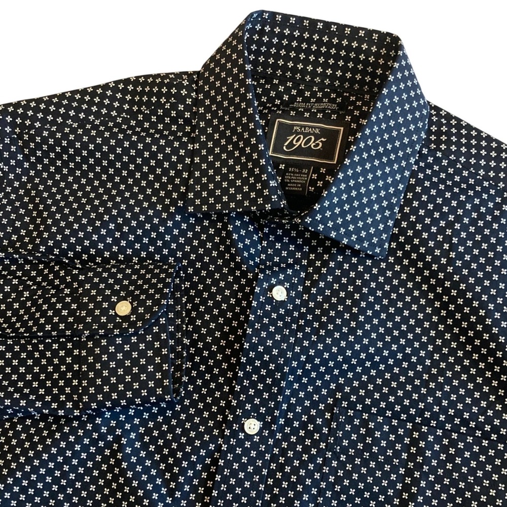 Jos A Bank Men 15.5 32 33 1905 Slim Fit Dress Shirt Navy Blue Geometric‎ Floral